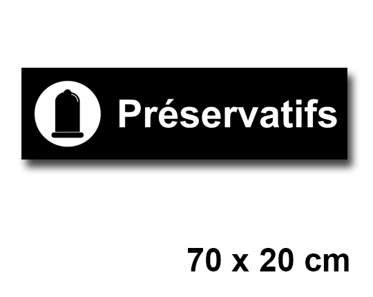 Autocollant Préservatif fond noir 70 x 20 cm - signalétique bandeau intérieur pharmacie / Officine
