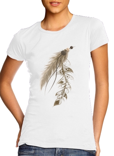 T-shirt Femme Col rond manche courte Blanc Boho Feather