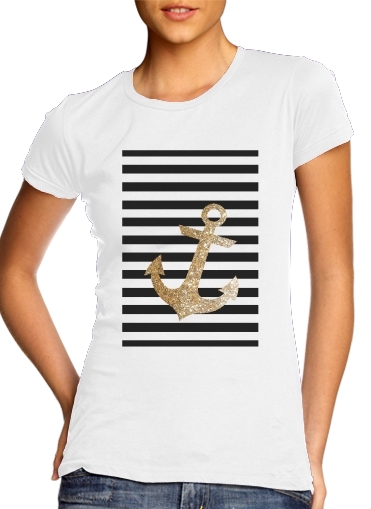 T-shirt Femme Col rond manche courte Blanc gold glitter anchor in black