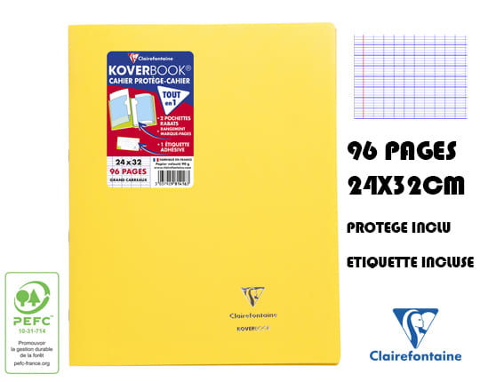 Cahier grand format 24x32cm - 96 pages - Grands carreaux avec protège cahier jaune