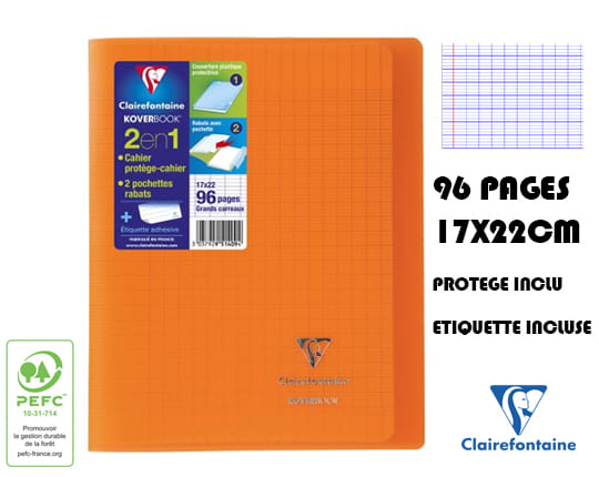 Cahier petit format 17x22 cm - 96 pages Grands carreaux protège cahier Orange