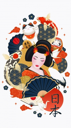 coque Japanese geisha surrounded with colorful carps