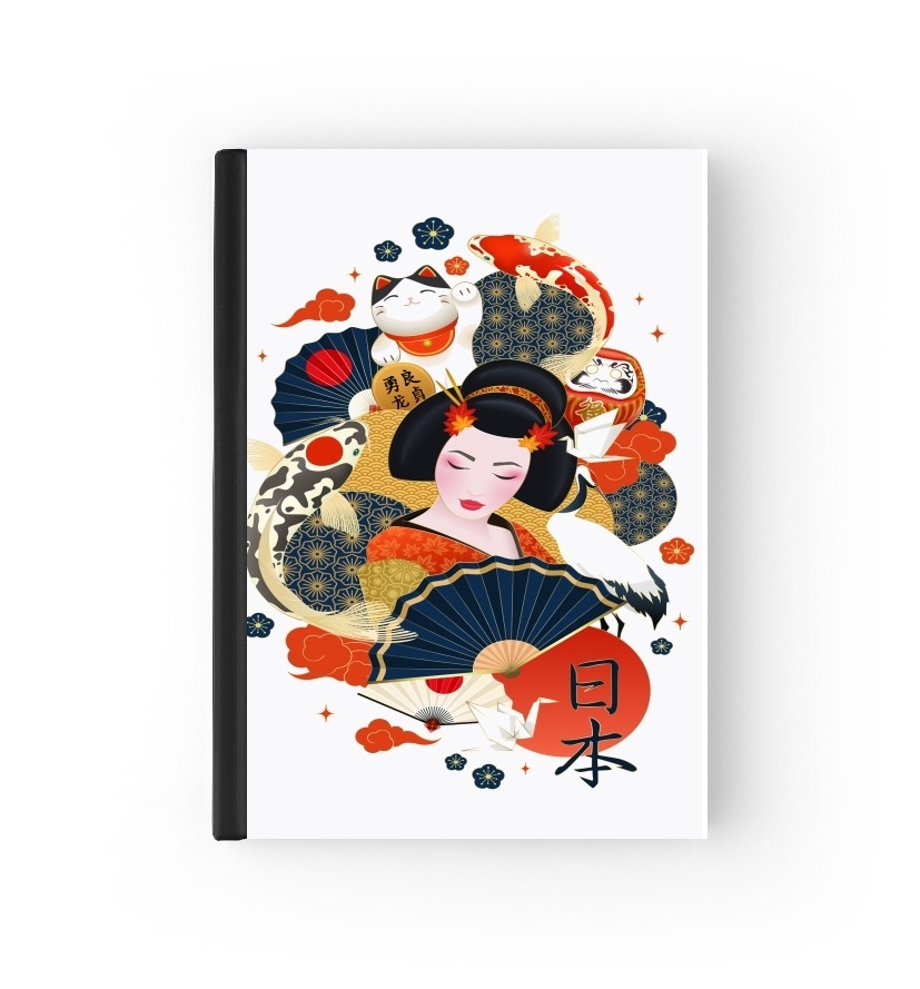 Agenda Japanese geisha surrounded with colorful carps