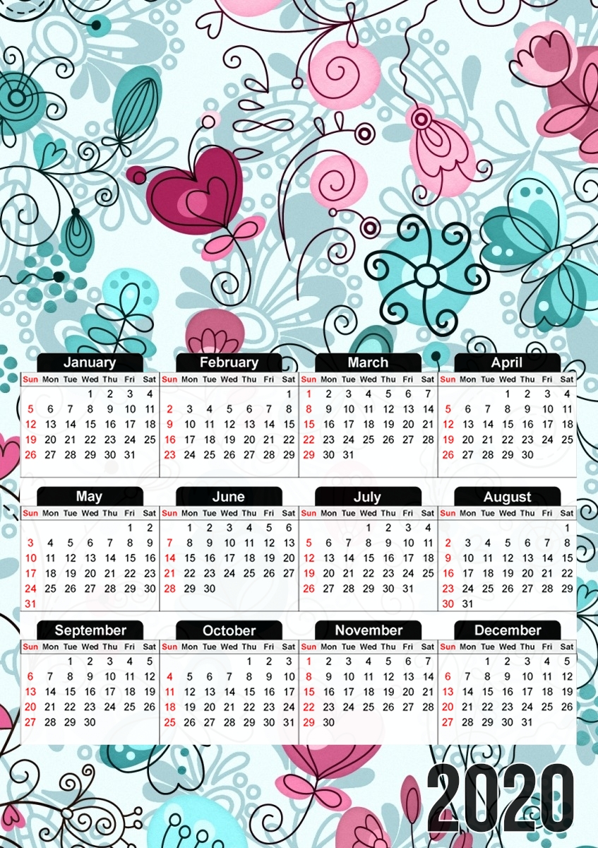 Calendrier doodle flowers and butterflies