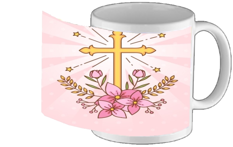 Mug Croix avec fleurs  - Cadeau invité pour communion d'une fille