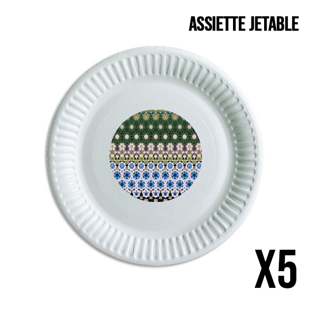 Assiette Abstract ethnic floral stripe pattern white blue green