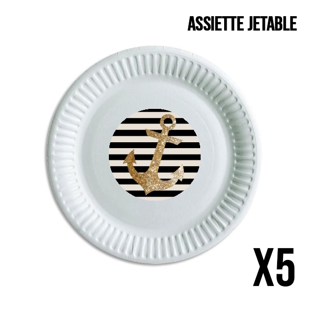 Assiette jetable personnalisable - Pack de 5 gold glitter anchor in black