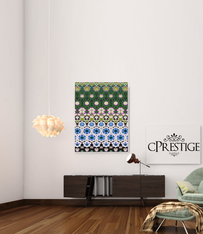 Poster Abstract ethnic floral stripe pattern white blue green