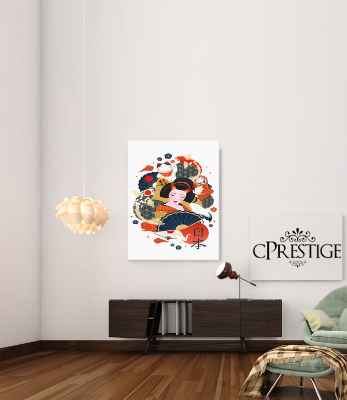 Poster Japanese geisha surrounded with colorful carps
