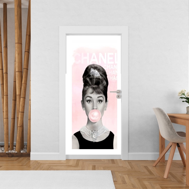 Sticker porte avec vos photos - Poster Porte Audrey Hepburn bubblegum