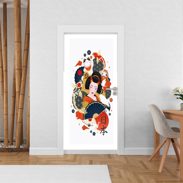 Sticker Japanese geisha surrounded with colorful carps
