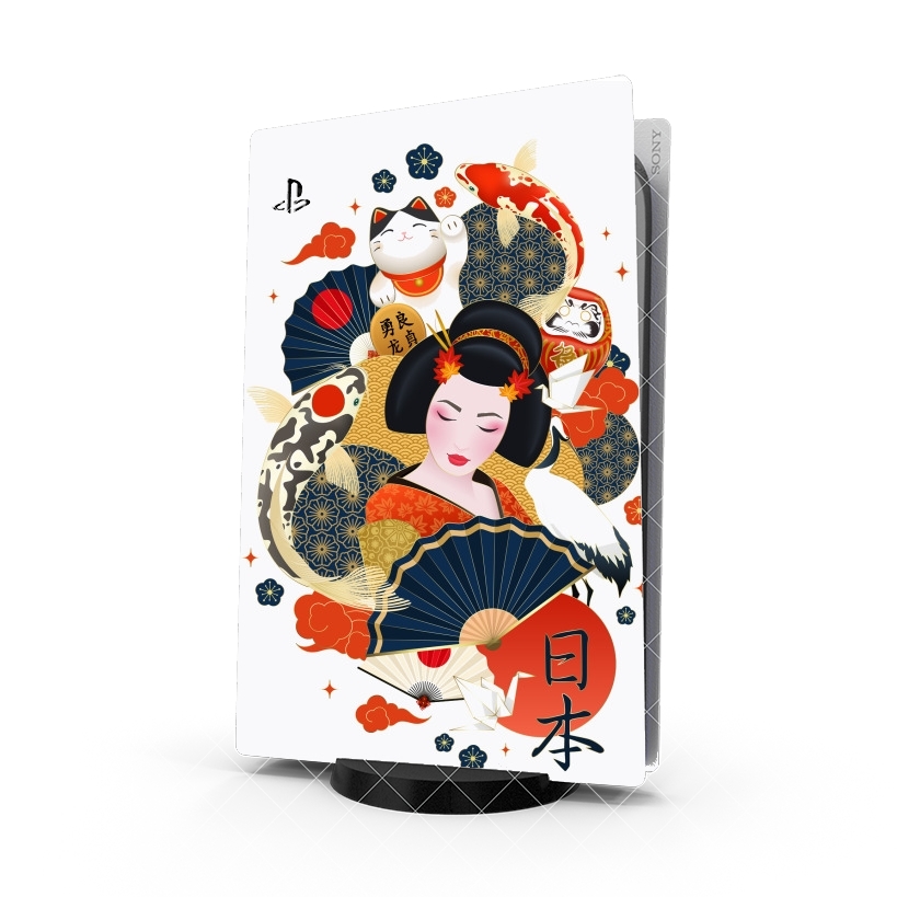 Autocollant Japanese geisha surrounded with colorful carps