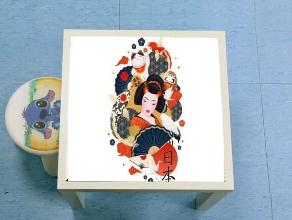 Table Japanese geisha surrounded with colorful carps