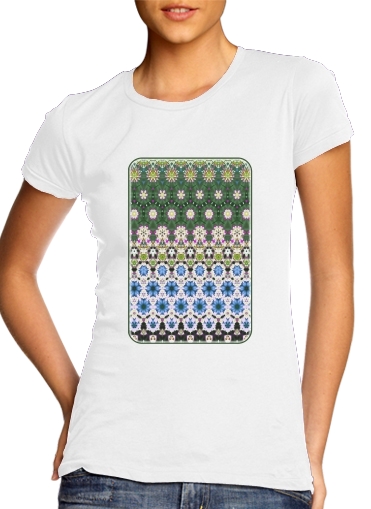 T-shirt Abstract ethnic floral stripe pattern white blue green