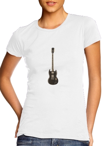 T-shirt Femme Col rond manche courte Blanc AcDc Guitare Gibson Angus