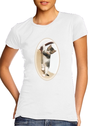 T-shirt Femme Col rond manche courte Blanc Bébé chat, mignon chaton escalade