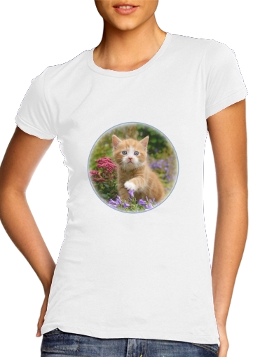 T-shirt Femme Col rond manche courte Blanc Bébé chaton mignon marbré rouge dans le jardin
