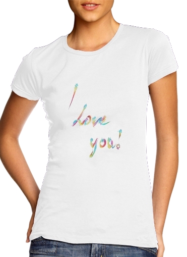 T-shirt Femme Col rond manche courte Blanc I love you texte rainbow