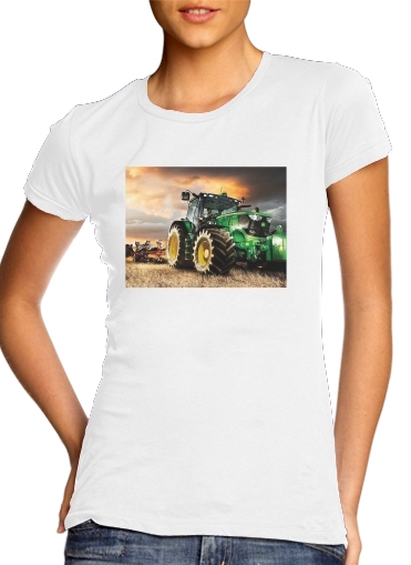 T-shirt Femme Col rond manche courte Blanc John Deer Tracteur vert