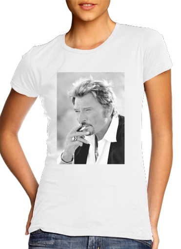 T-shirt Femme Col rond manche courte Blanc johnny hallyday Smoke Cigare Hommage
