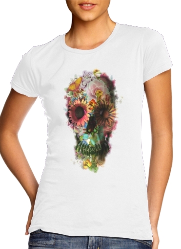 T-shirt Femme Col rond manche courte Blanc Skull Flowers Gardening