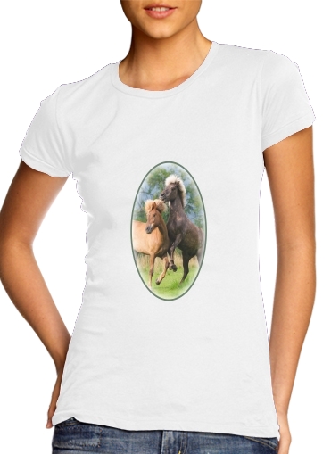 T-shirt Deux chevaux islandais cabrés, jouent ensemble dans le pré