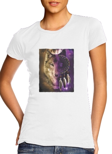 T-shirt Femme Col rond manche courte Blanc Wolf Dreamcatcher