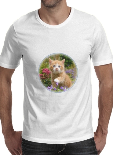 T-shirt homme manche courte col rond Blanc Bébé chaton mignon marbré rouge dans le jardin