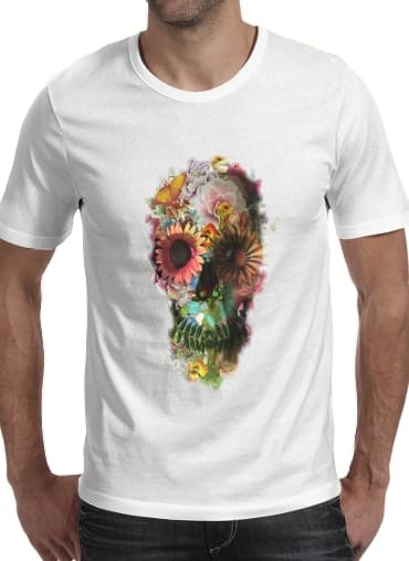 T-shirt homme manche courte col rond Blanc Skull Flowers Gardening